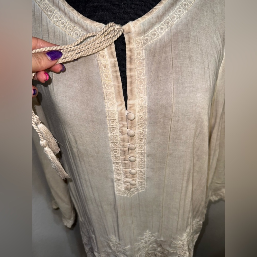 Andree Blue Cream Boho Tie Front Women's Top- Size Large‎ - Picture 3 of 10